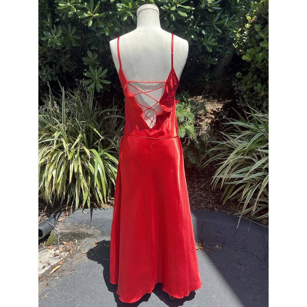 Vintage Y2K Red Satin Maxi Slip Dress Lace Up Rhinestones Lingerie - Picture 6 of 7